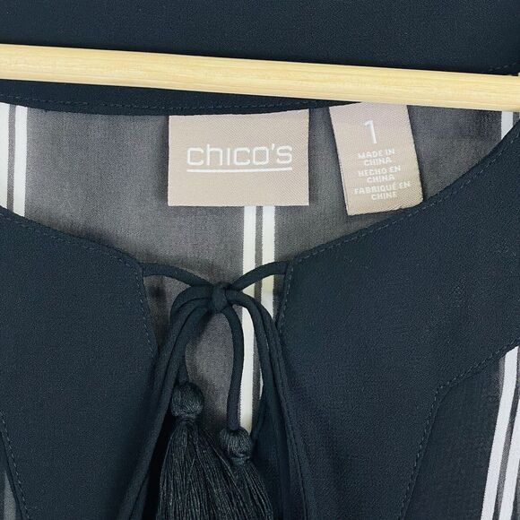 Chico's Black‎ White Stripe Sheer 3/4 Sleeve Blouse Shirt Top Womens 1 Medium 8 - Picture 4 of 14